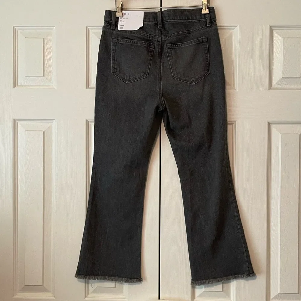 LOFT The Kick Crop High Rise Dark Gray Jeans Frayed Hem Size 4 Petite